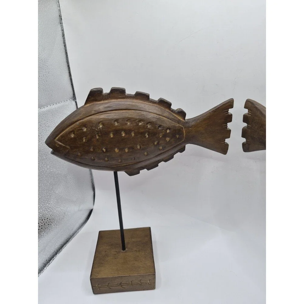 Wooden Hand Carved Fish On A Pedestal Portofino Rustic Coastal Decor
